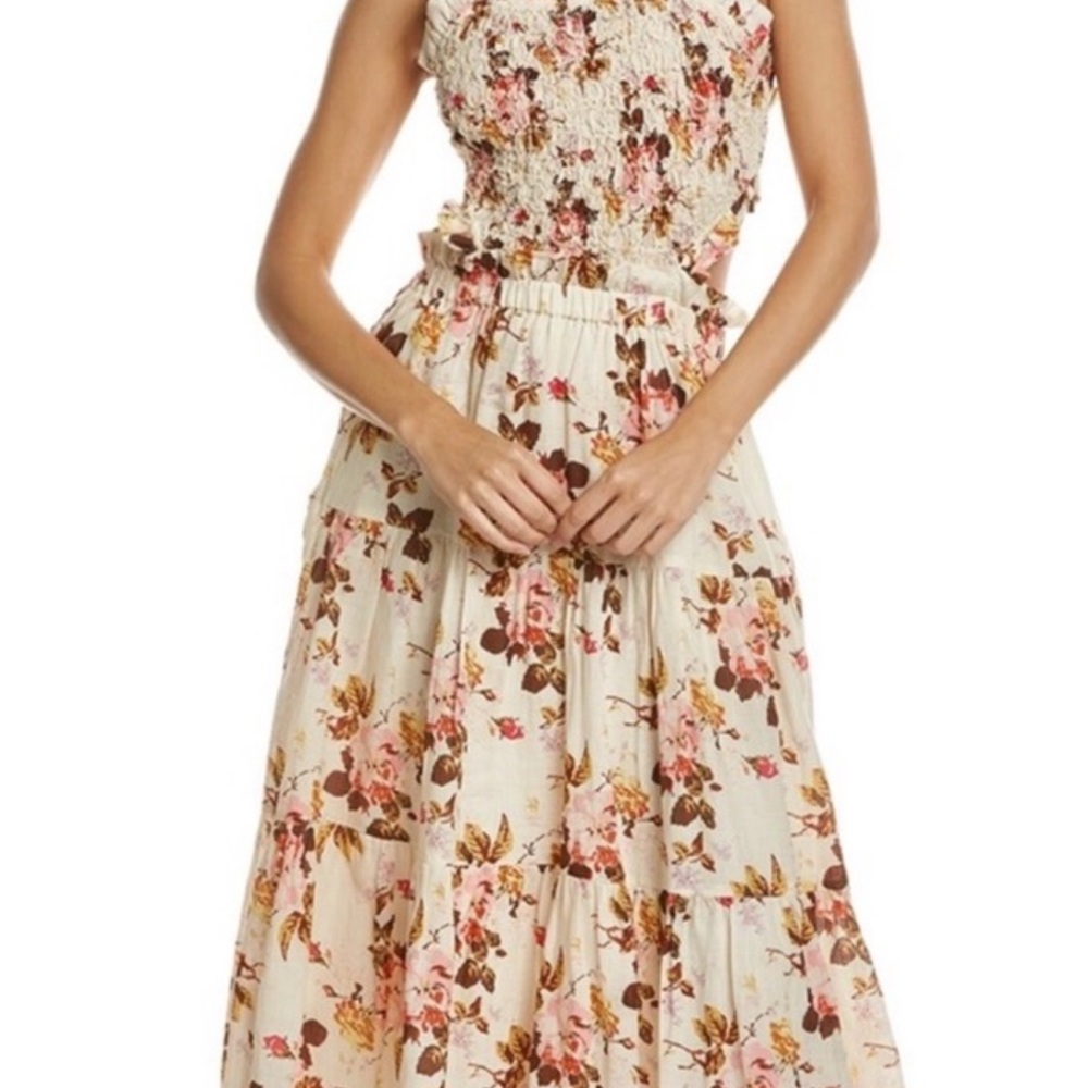 Sea New York Cream Floral Smocked Maxi Dress with Pink and Brown Blooms